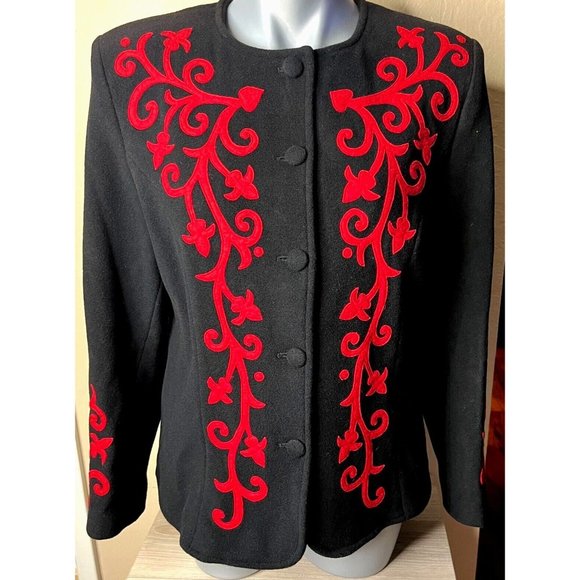 Jacket tailored Collarless Hip length Sz M Wool Blend Black with Red felt Floral - Picture 5 of 16